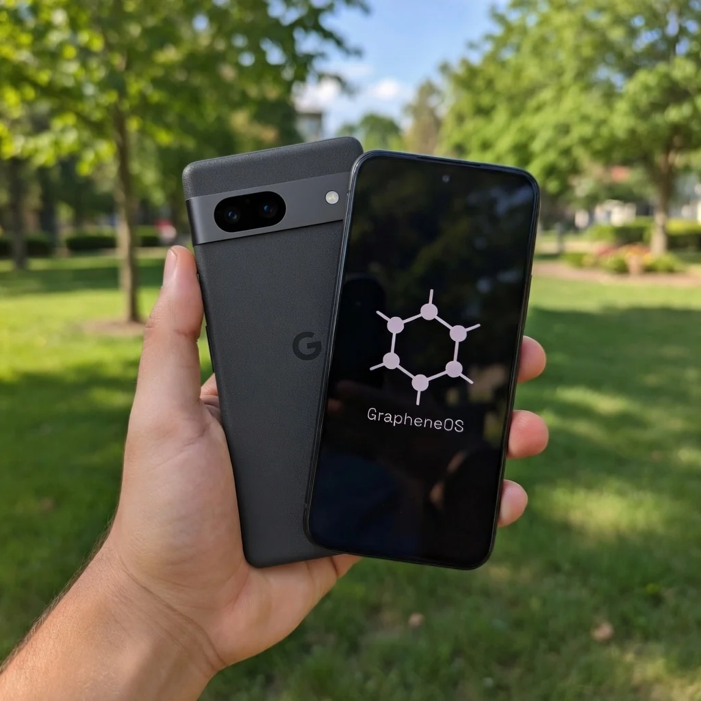 Two dark GrapheneOS smartphones held outdoors in a green park