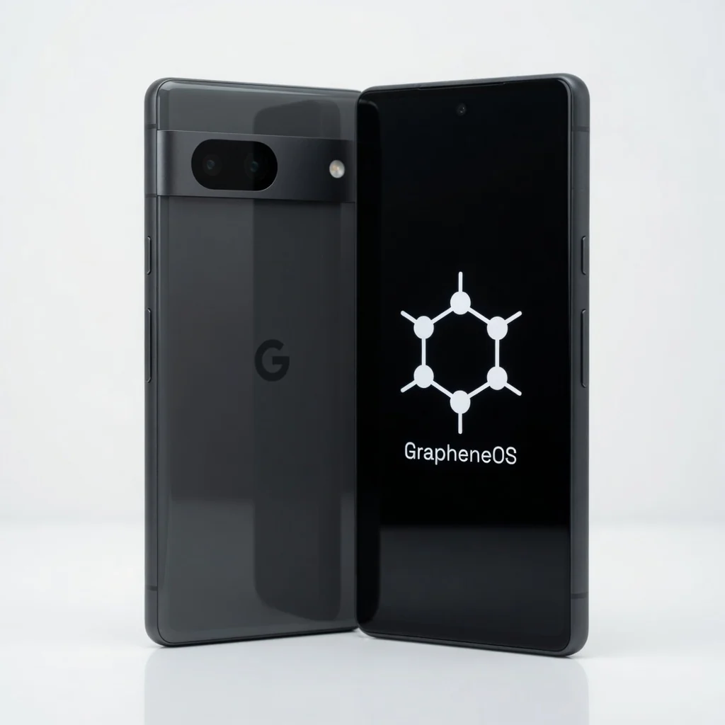 Front and back of a dark ZeroGhost phone showing the GrapheneOS display